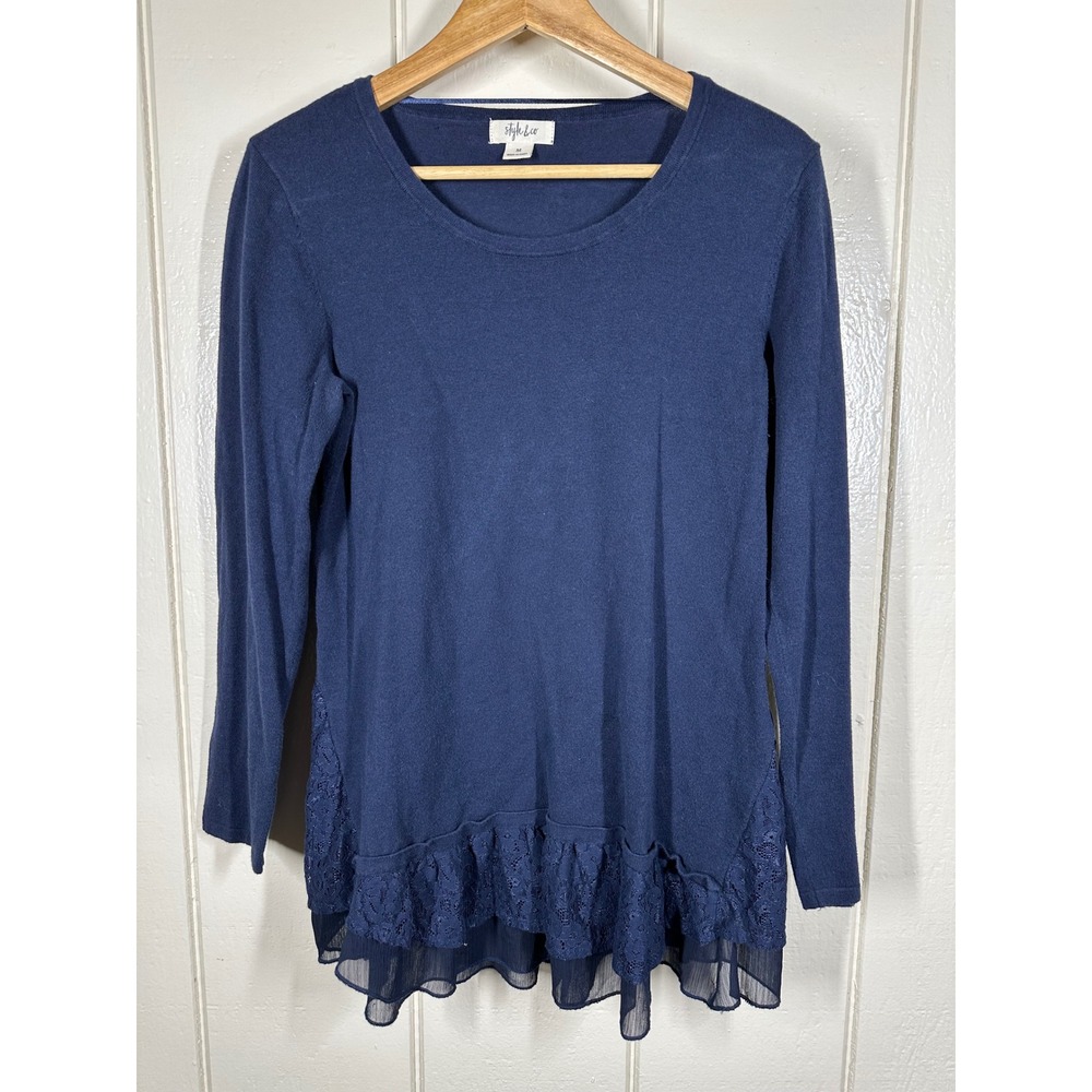 Style & Co Top Womens M Blue Lace Trim Ruffle Hem Long Sleeve Knit Scoop Neck